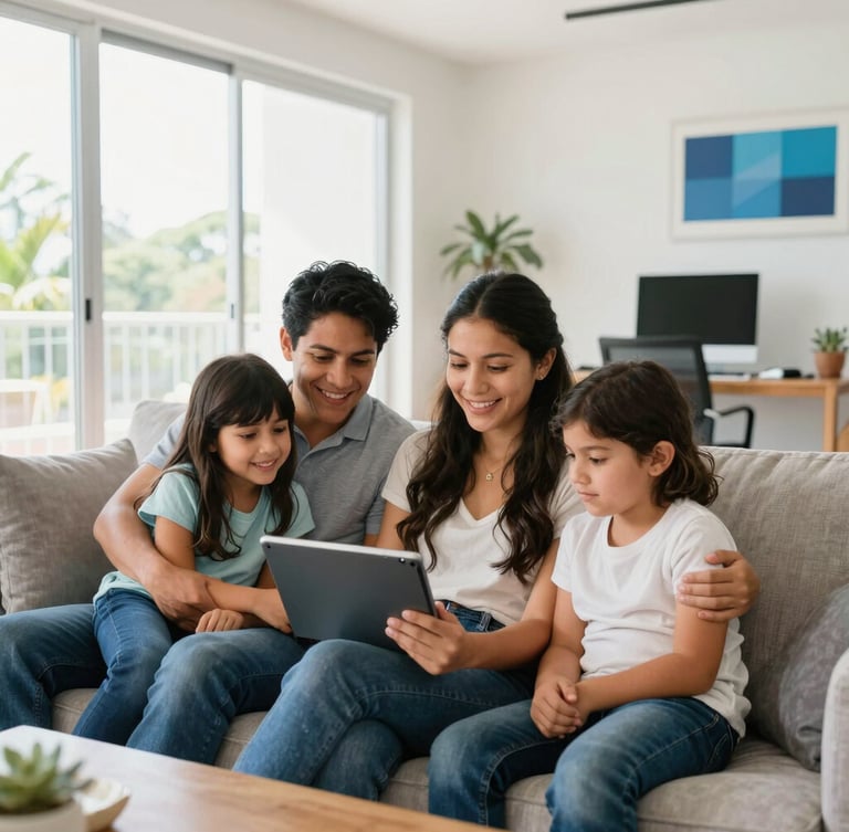 Bright modern photography, natural daylight, a Mexican family in a sunlit living room streaming movies on a tablet together, smiling, 35mm