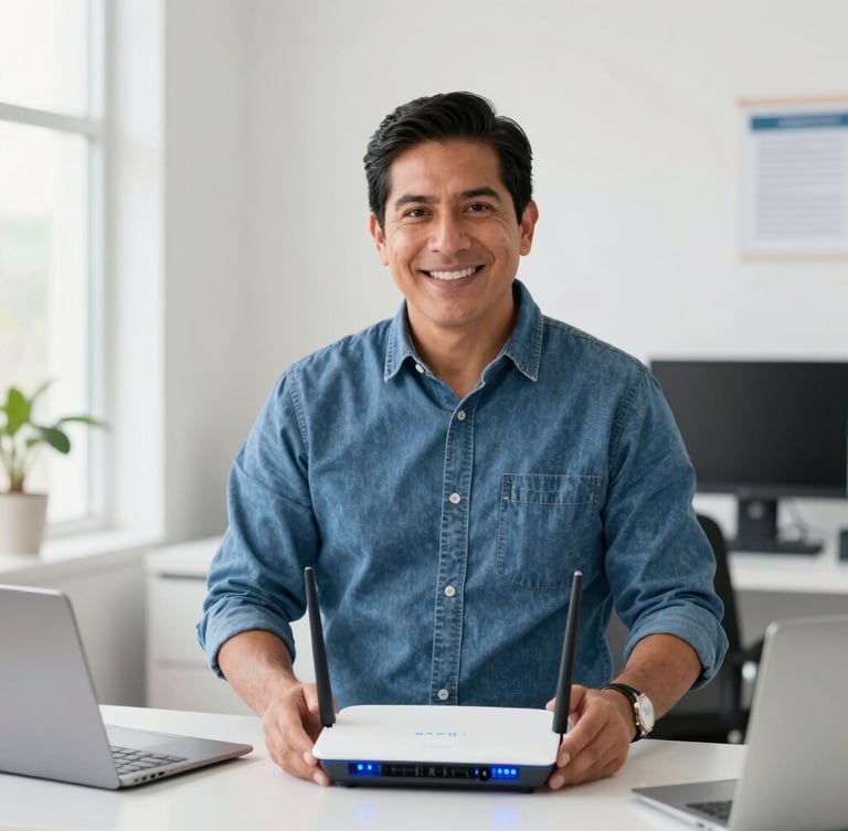 Friendly Mexican local advisor in a clean office setting holding a modern router, bright natural daylight with subtle blue ambient accents, 35mm portrait.