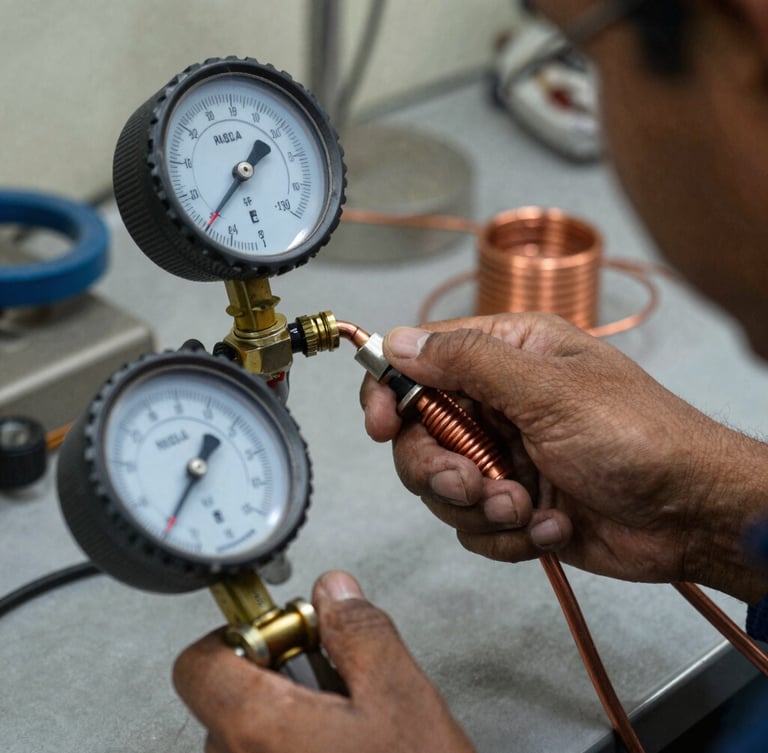 Tight macro shot of a technician pressure-testing copper coils with a digital manifold gauge, high-contrast Mumbai daylight.