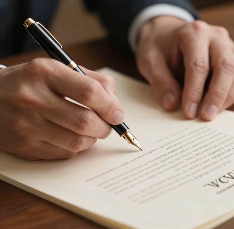 Close-up of elegant hands signing a legal document with a classic fountain pen, focusing on the gold nib and cream-colored paper. Soft, warm indoor lighting.