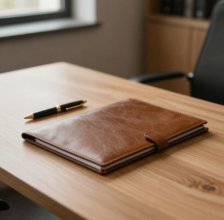 A modern, minimalist legal consultation room with soft warm lighting, a clean wooden table with a leather folder, and a gold-accented pen. No faces visible.