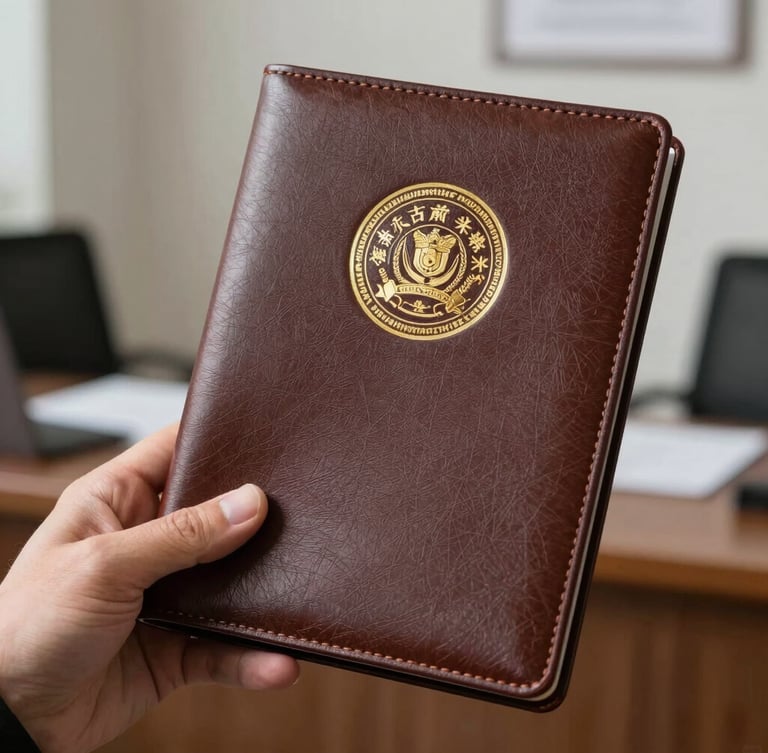 A close-up of a hand holding a beautifully embossed leather legal folder containing official certificates, showing a subtle gold foil seal. Clean, professional office background.