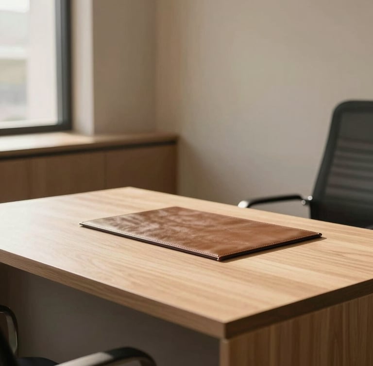A clean, modern legal office interior in Karachi, warm champagne sunlight casting soft shadows on a minimalist wood desk with a leather blotter, quiet and professional atmosphere.