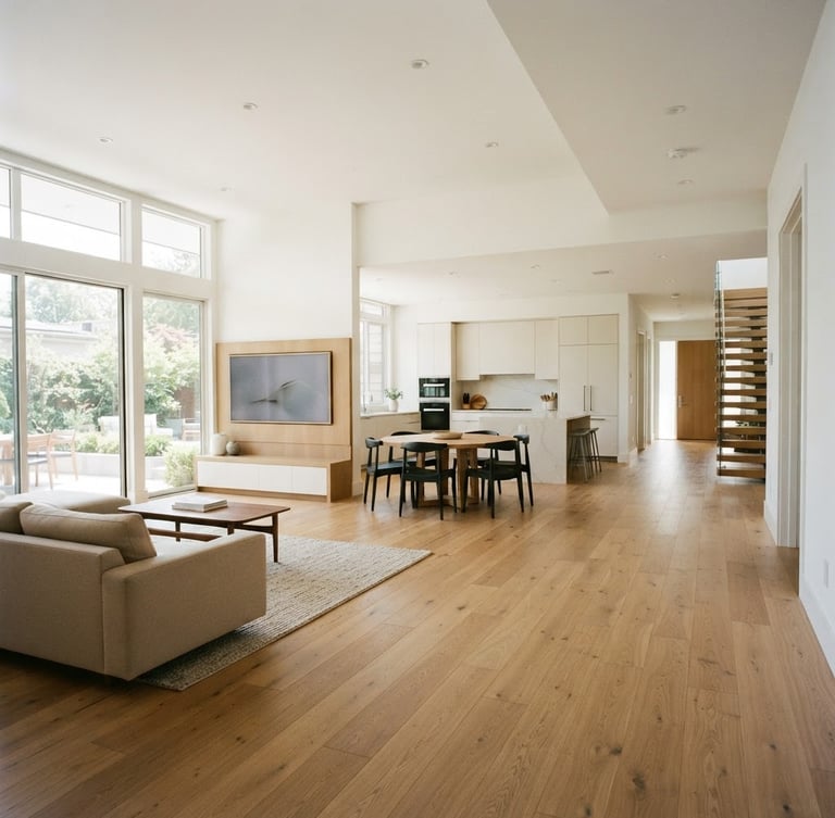 Bright modern open-plan living room with wide corridors, seamless wooden floor transitions, abundant natural daylight, warm minimalist architectural photography, 35mm lens