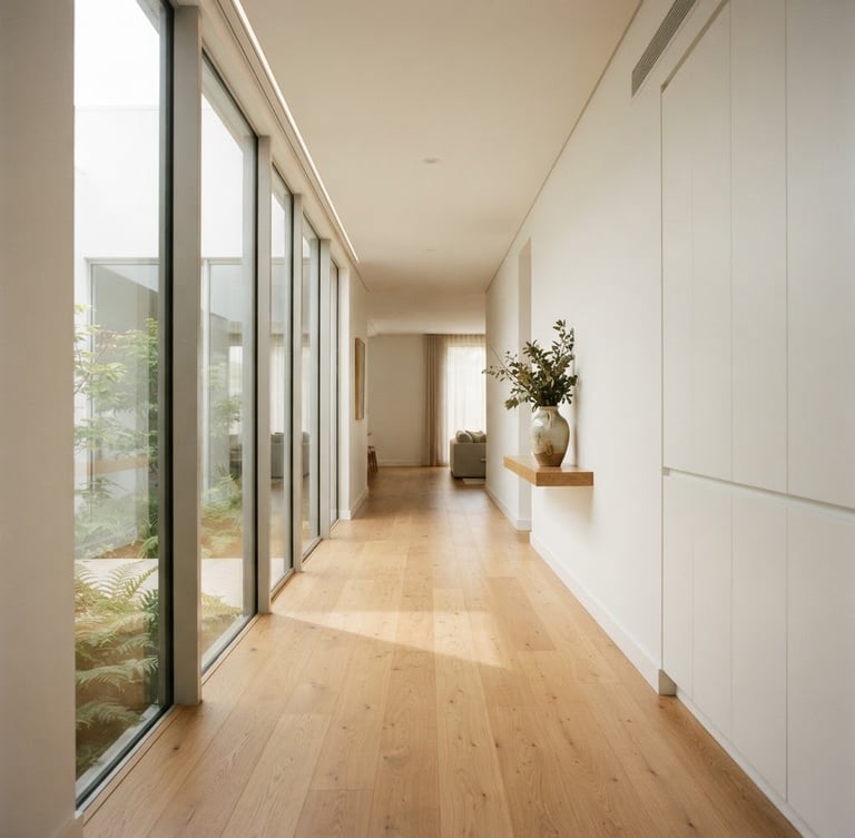 Bright modern residential interior showing a wide corridor with natural daylight, seamless wooden flooring, elegant minimalist design, 35mm lens