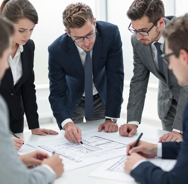 Professional team members in an active strategy session, reviewing blueprints on a large table, bright natural daylight, deep navy and cool gray tones, sharp focus, 35mm