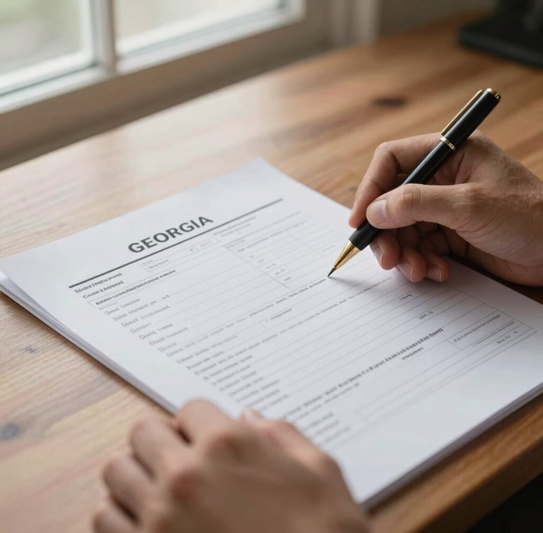 Close-up of hands reviewing a Georgia accident report on a wooden desk, soft window light illuminating the paperwork, calm and organized setting.