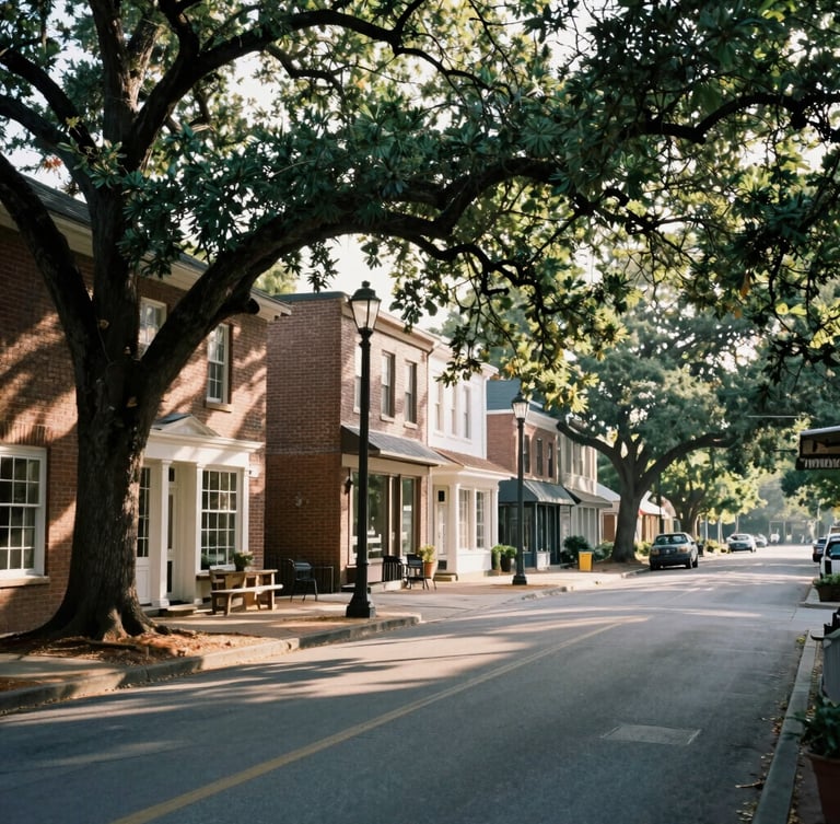 A quiet historic street in Athens, Georgia, soft morning sunlight filtering through oak trees, brick storefronts in the background, calm and peaceful atmosphere.