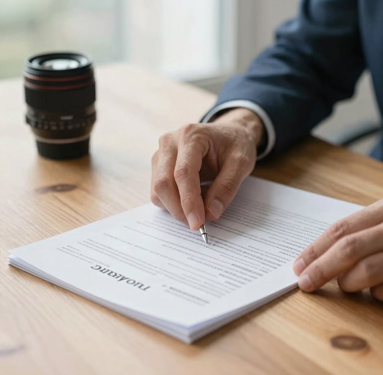 Close-up of hands reviewing Georgia insurance paperwork on a clean wooden table, natural morning light, soft focus background