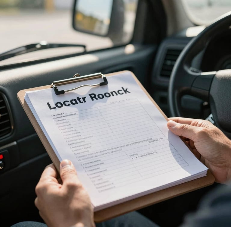 A close-up of a commercial truck driver logbook on a clipboard, soft morning light filtering through a windshield, professional and calm.