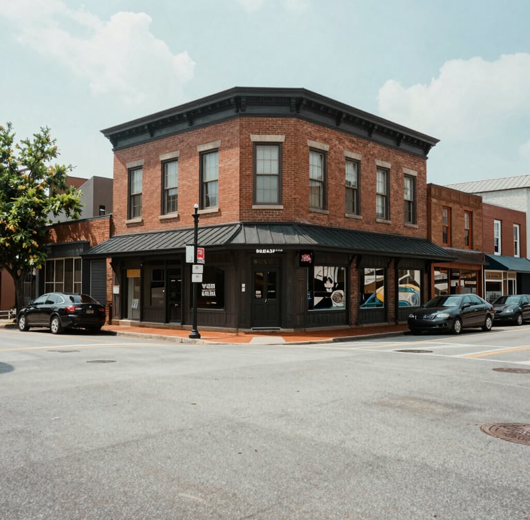 Soft daylight environmental shot of historic downtown Athens, Georgia street corner, looking toward Broad Street, clean composition with generous negative space.