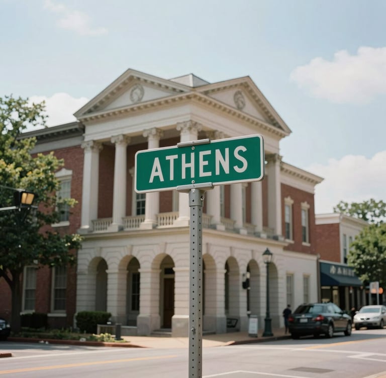Medium-wide daylight shot of historic Athens Georgia street, soft natural lighting, focus on a local road sign with clean background