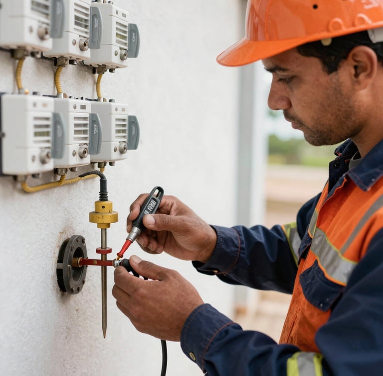 Close-up of an electrician in professional uniform and safety gear measuring grounding resistance on a technical site in Aracaju, bright daylight, technical details