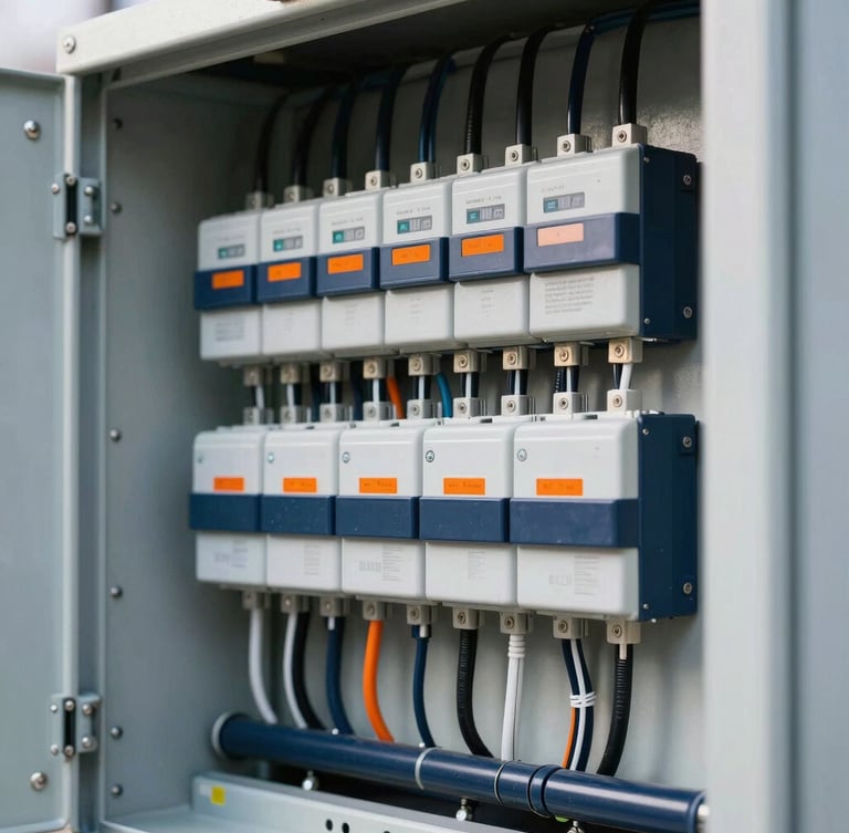 Close-up of a highly organized industrial electrical panel with neat wiring, bright natural daylight, technical details, safety orange accents, 35mm lens
