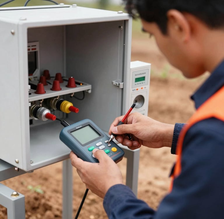 Close-up técnico de um engenheiro eletricista com EPI realizando medição de aterramento de SPDA com terrômetro digital em campo, sob luz natural brilhante.