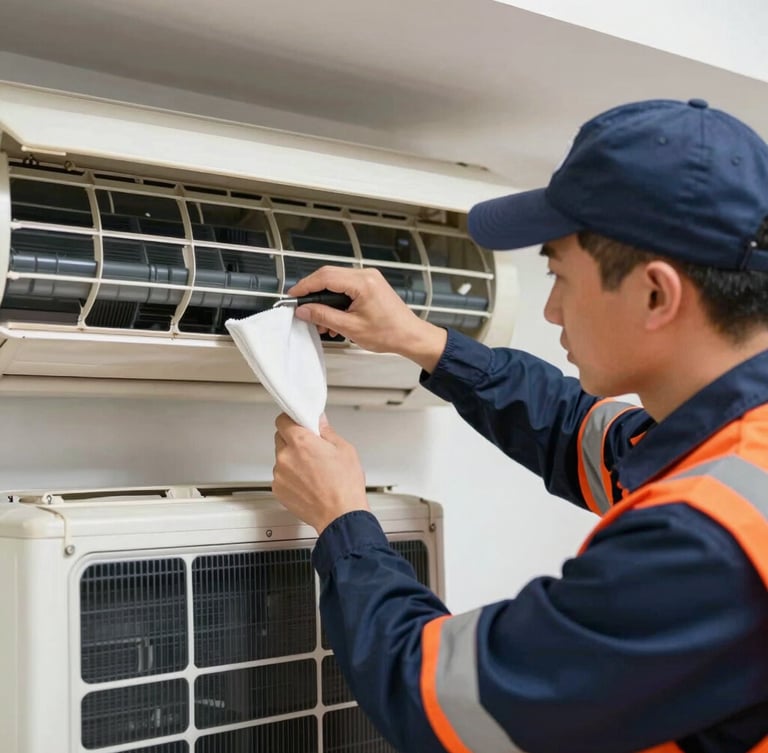 Professional technician in protective gear cleaning a split air conditioner evaporator unit, bright daylight, technical precision, deep navy and safety orange accents