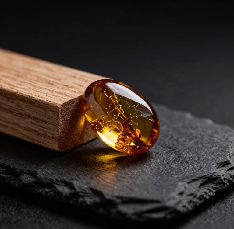 Macro close-up of raw amber and cedar wood blocks on dark slate, moody low-key studio lighting, gold reflections, shallow depth of field, portrait aspect
