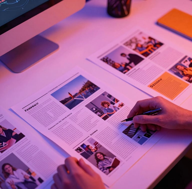 Overhead desk layout of a creative director reviewing printed newsletter drafts, vibrant ambient lighting with pink and violet highlights, sharp angled composition