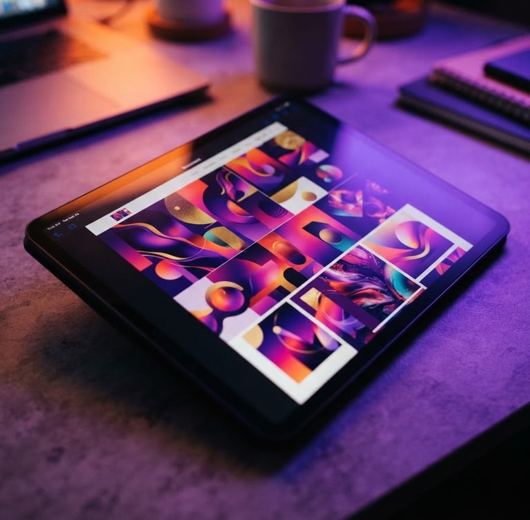 Macro shot of a modern tablet displaying a beautifully styled digital newsletter, vibrant ambient lighting with violet and orange highlights, sharp angled composition, 35mm