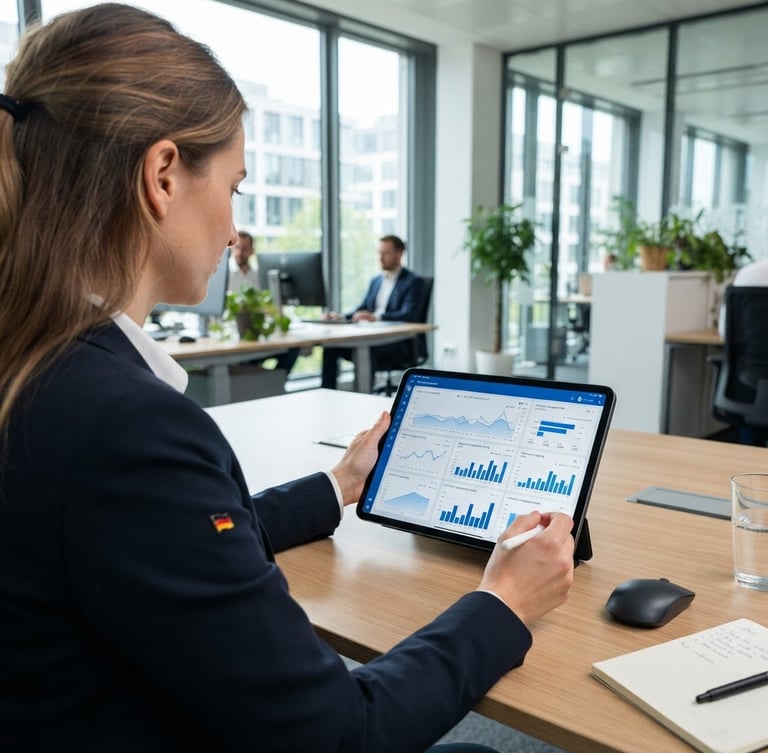 Bright modern office setting in Germany, over-the-shoulder shot of a consultant analyzing energy contract charts on a tablet, clean blue and white tones, sharp focus