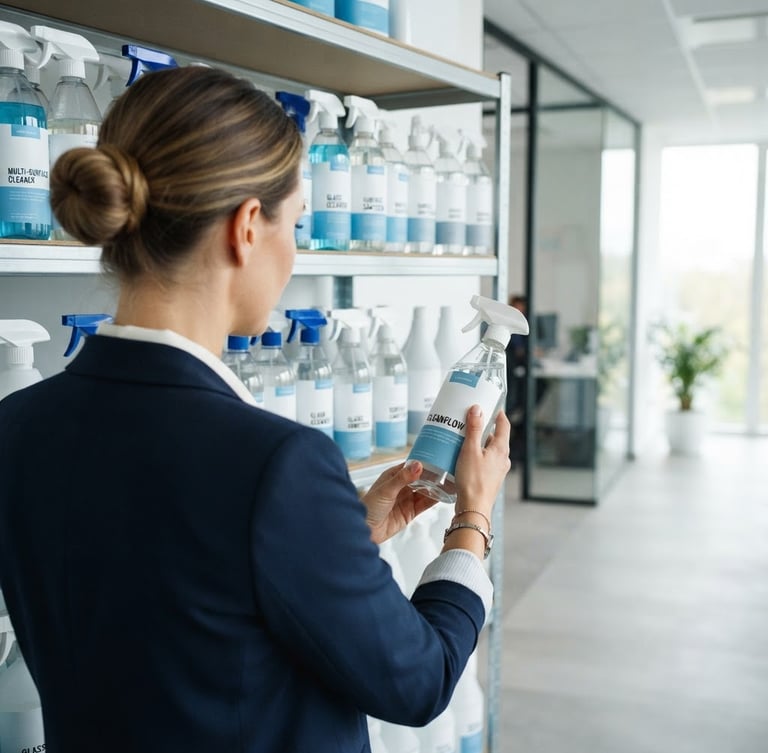 Bright corporate photography, over-the-shoulder shot of a professional manager inspecting clean, modern commercial cleaning products on a shelf, natural daylight, sharp focus.