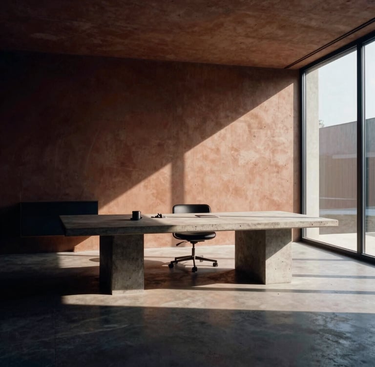 Wide architectural crop of a high-end minimalist concrete workspace, deep shadows, warm side-lighting from a large window, medium format film look