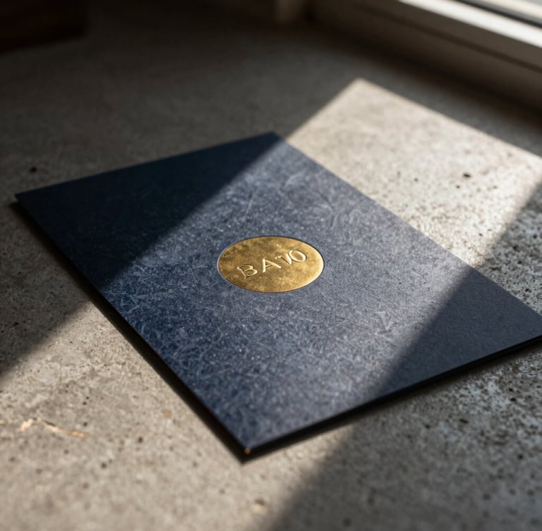 Macro close-up of a premium brass-embossed dark navy card on a textured concrete surface, dramatic warm side-lighting from a high window, deep shadows, medium format film.