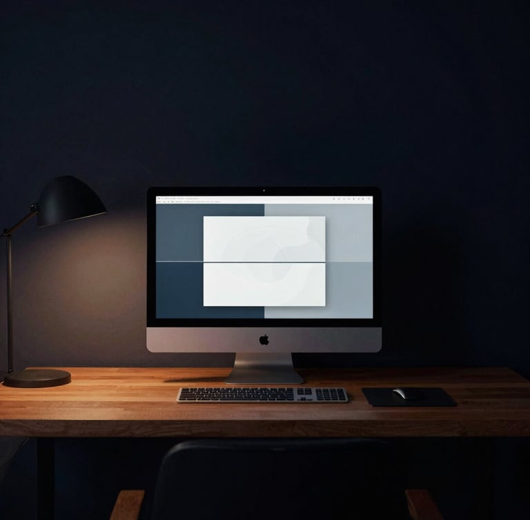 A quiet, minimalist architectural workspace with a high-end display showing clean abstract interfaces, warm side-lighting, deep navy shadows, medium format film.