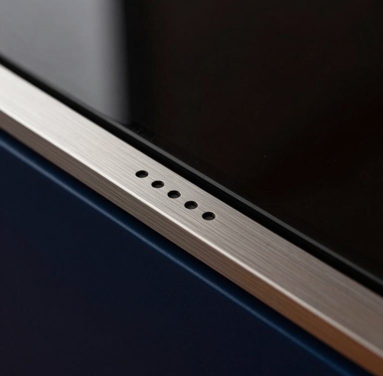 Macro close-up of premium brushed metal and dark glass on a high-end display, dramatic side-lighting, rich navy and cinnamon tones
