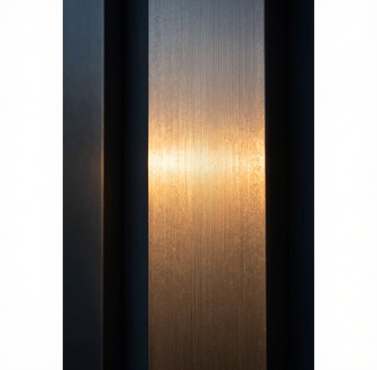 Macro close-up of a high-end brushed metal architectural structure, dramatic side-lighting, rich shadows, warm golden-hour tones, medium format film.