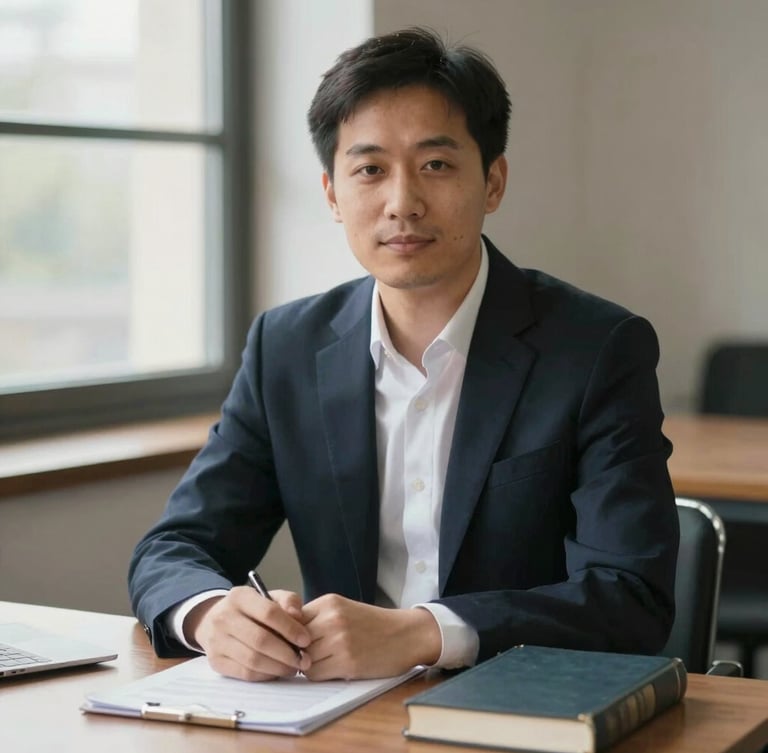 Warm editorial portrait of a professional male translator in a dark navy suit, sitting at a wooden table with reference books, soft window light, shallow depth of field