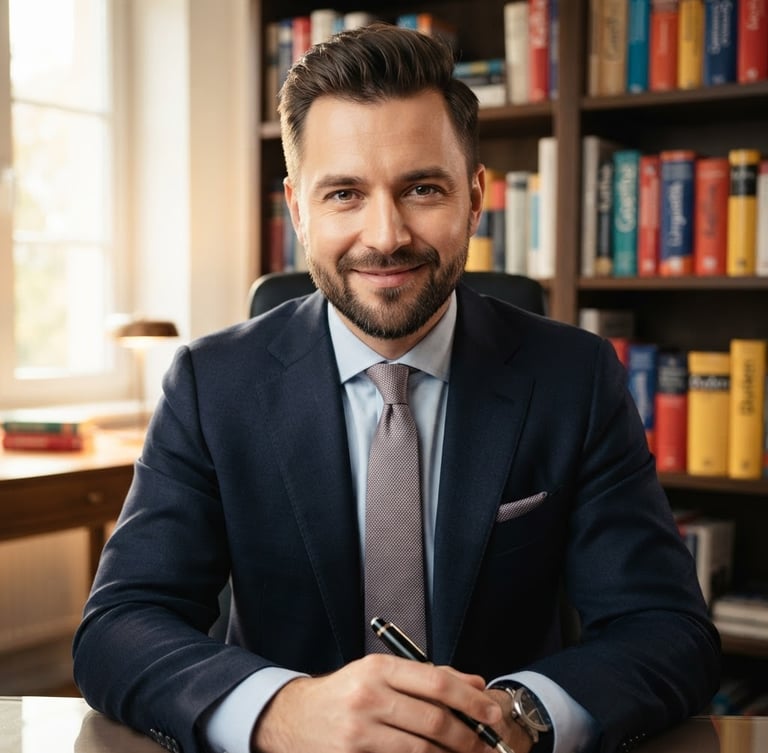 Professional close-up portrait of Kamil Wiśniewski, a male German language expert in his late 30s, wearing a dark tailored suit, looking directly at the camera with a confident, welcoming expression, warm high-end studio lighting, shallow depth of field, modern study environment with books in the background.