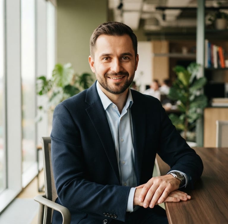 Professional, approachable portrait of Kamil Wiśniewski in a modern warm-toned office, looking directly at the camera, soft natural window light, muted corporate tones, shallow depth of field, 85mm lens