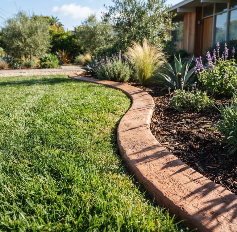 Low-angle architectural shot of a hand-finished terracotta concrete border curving elegantly along a lush green lawn, bright California morning light, sharp shadows, 35mm lens