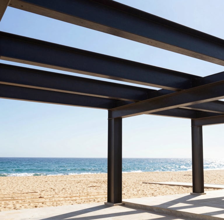 Crisp architectural detail of a luxury house under construction in Cabo, showing heavy steel beams framing the ocean view, bright daylight, warm sand tones