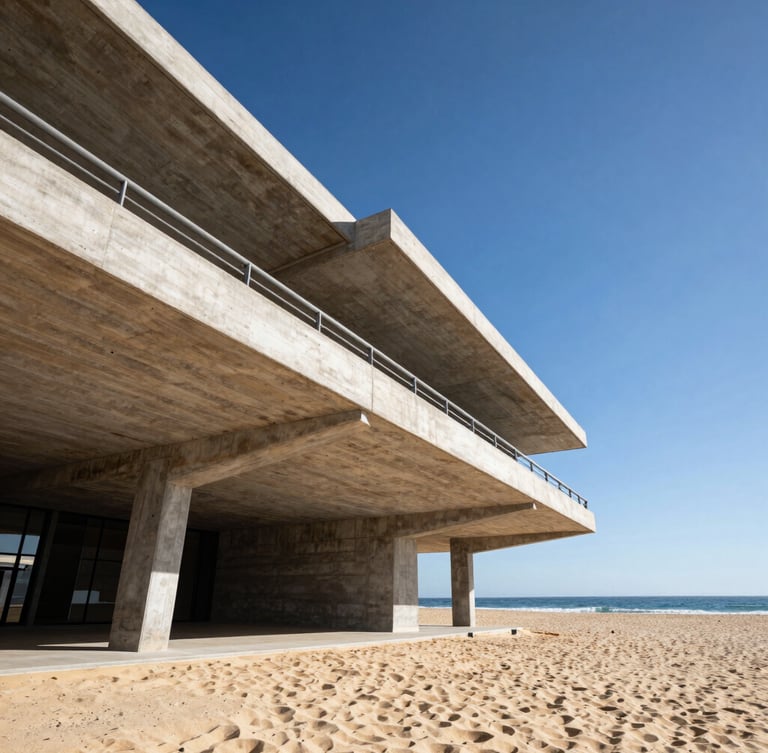 Dramatically framed architectural low-angle shot of a concrete and steel modern estate cantilevered over the Cabo coastline, bright daylight, high contrast shadows.