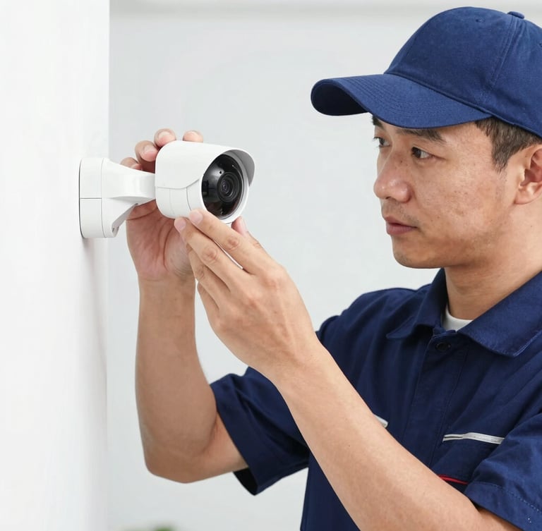 Medium close-up of a professional technician in a clean navy uniform installing a smart home security camera, bright natural daylight, sharp focus, vivid colors with deep blue accents