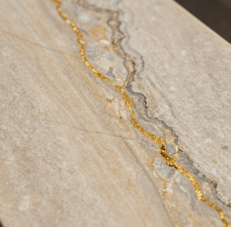 Close-up macro detail of a textured quartzite slab showing intricate gold and gray veins, soft diffused natural daylight, architectural material sample