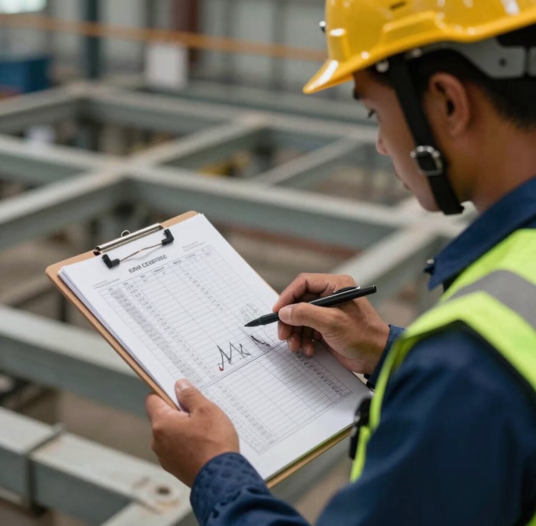Close-up of a certified Thai crane operator in clean high-visibility PPE and safety helmet, reviewing a complex structural load chart on a clipboard, industrial background