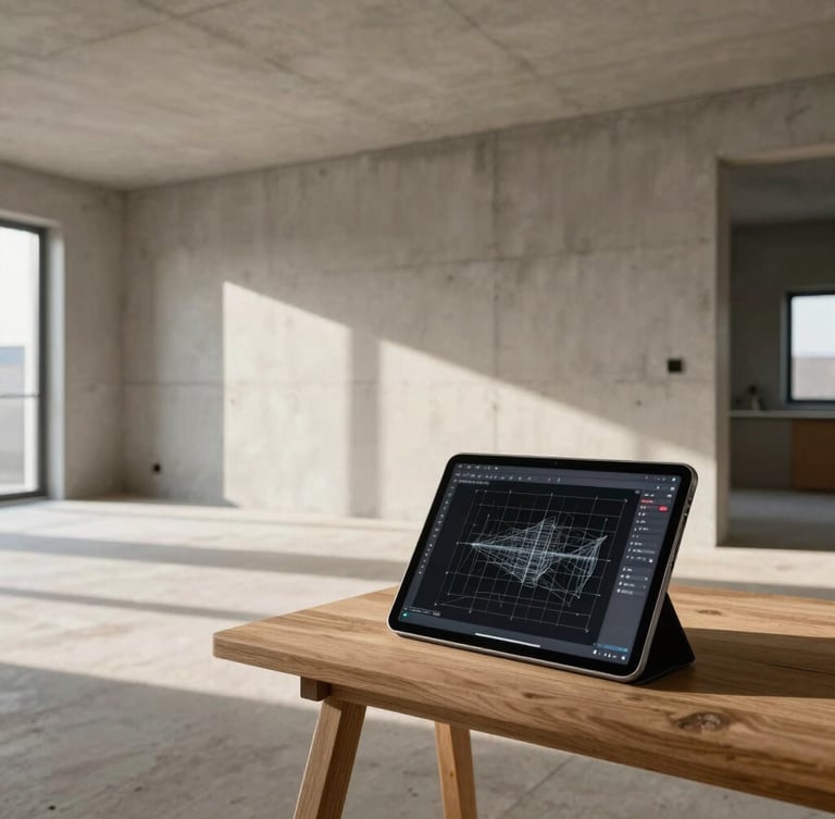 Wide-angle architectural portrait of a clean, minimalist concrete apartment interior under renovation, warm natural afternoon light casting long shadows, a modern digital tablet resting on a wooden trestle showing a precise wireframe overlay.