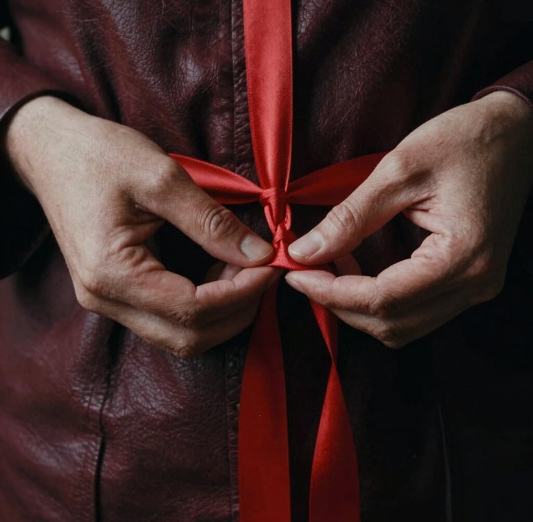 Moody editorial close-up portrait of hands tying a soft crimson silk rope with precision, low-key lighting, deep shadows, rich leather and textile textures, 35mm film grain.