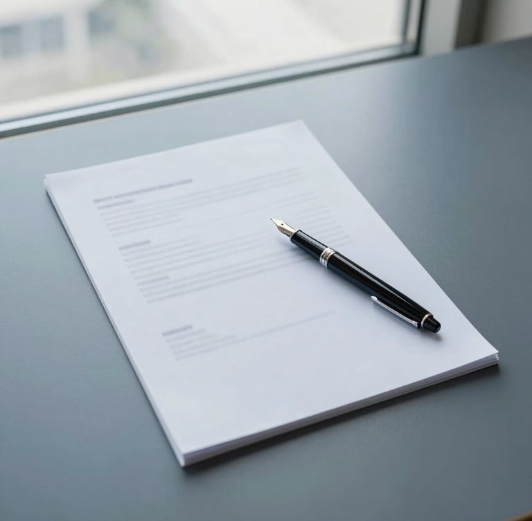 A clean overhead flat-lay of a premium corporate workspace, a fountain pen resting on crisp, structured white documents, soft overcast window light, 35mm lens.