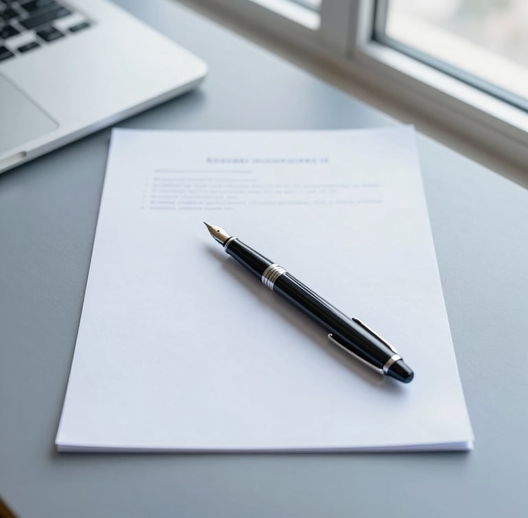 Overhead flat-lay of a structured corporate workspace, a fountain pen resting on a clean document, soft natural window light, cool blue and slate tones, sharp focus.