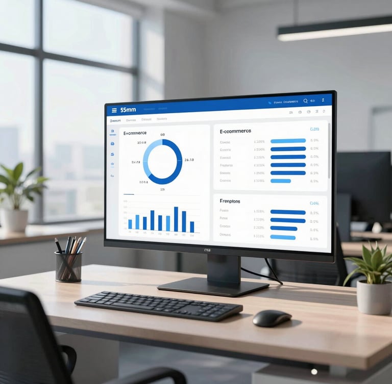 A clean modern office workspace with a bright digital dashboard displaying e-commerce analytics, natural morning light, cool blue tones.