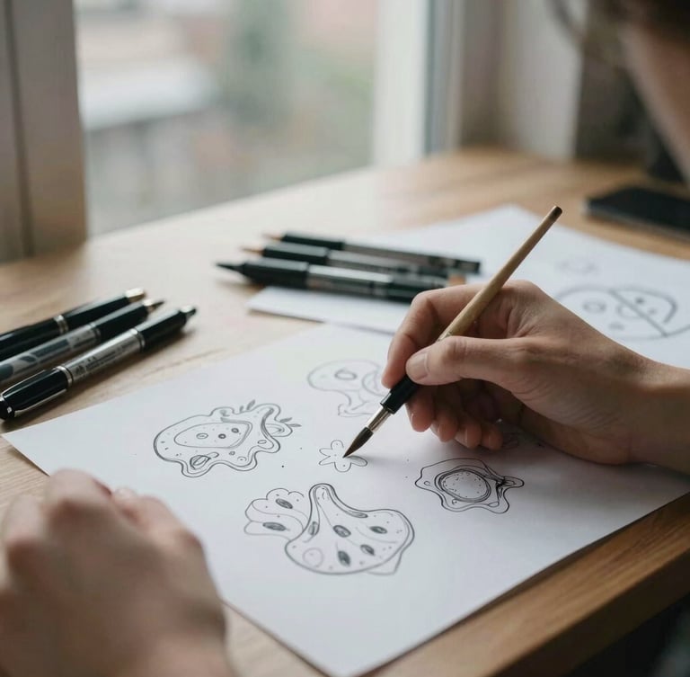 An illustrator's desk with ink pens, rough sketches of organic shapes, hands holding a brush, soft natural window light, authentic atmosphere