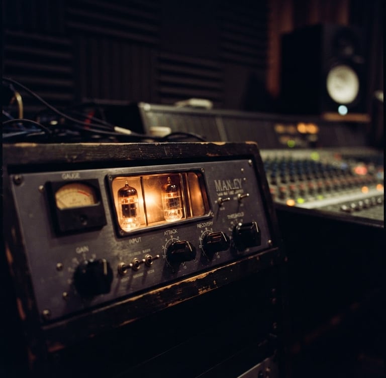 Moody close-up of analog tube gear glowing with warm amber light inside a dark, acoustically treated studio control room, shallow depth of field, cinematic 35mm film
