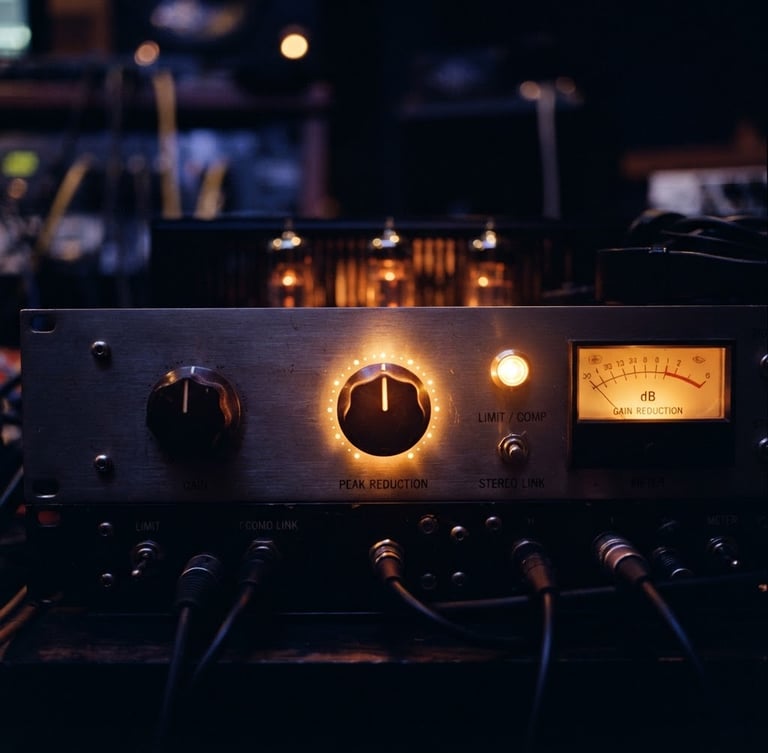Close-up of analog tube compressor knobs glowing with warm amber light in a dark studio, shallow depth of field, cinematic 35mm film.