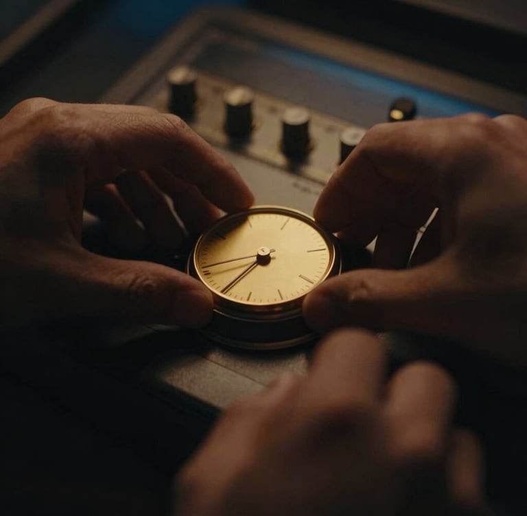 Close-up of hands adjusting a solid gold dial on a vintage analog console, soft warm amber backlighting, shallow depth of field, moody studio atmosphere.