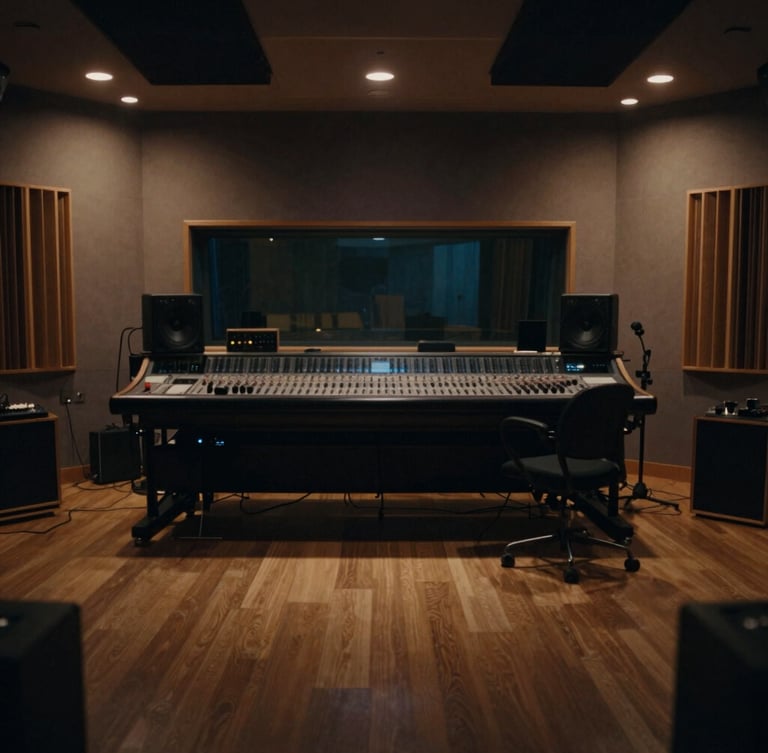 Wide atmospheric shot of an empty, acoustically treated recording studio tracking room, low-key indigo shadows, warm amber LED accents, cinematic 35mm film.
