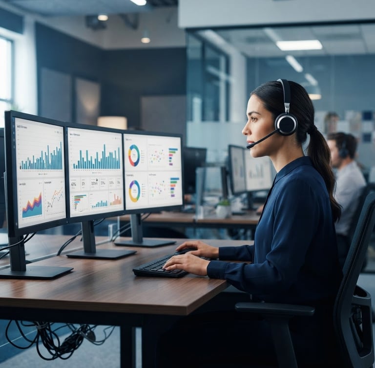 Agente de call center enfocado con auriculares profesionales y pantallas mostrando gráficos de ventas, en un entorno de oficina moderno con iluminación limpia, tonos azulados y neutros, vista de perfil.